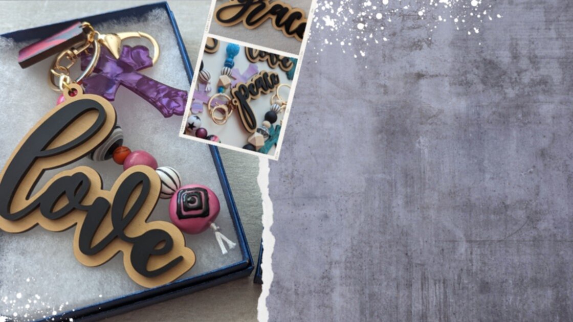 A montage of link-a-charm bag tags sits across a gray background.