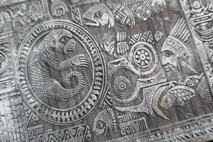A laser etched piece of wood with a number of shapes & symbols, etched in Walnut and whitewashed