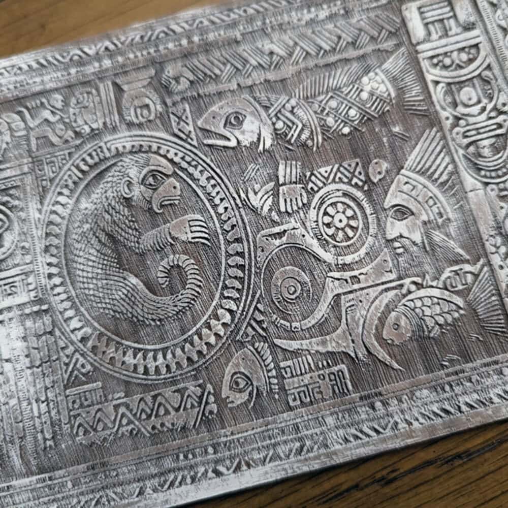 AI-generated engraved wooden postcard inspired by Harappan art, featuring intricate Indus Valley motifs including a monkey, fish, and tribal figures, laser cut and etched using a Glowforge laser.