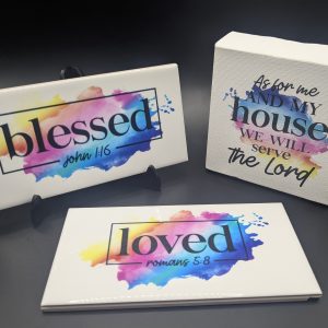 Christian gift set with scripture tiles and canvas — Blessed, Loved, and Joshua 24:15 designs with watercolor backgrounds