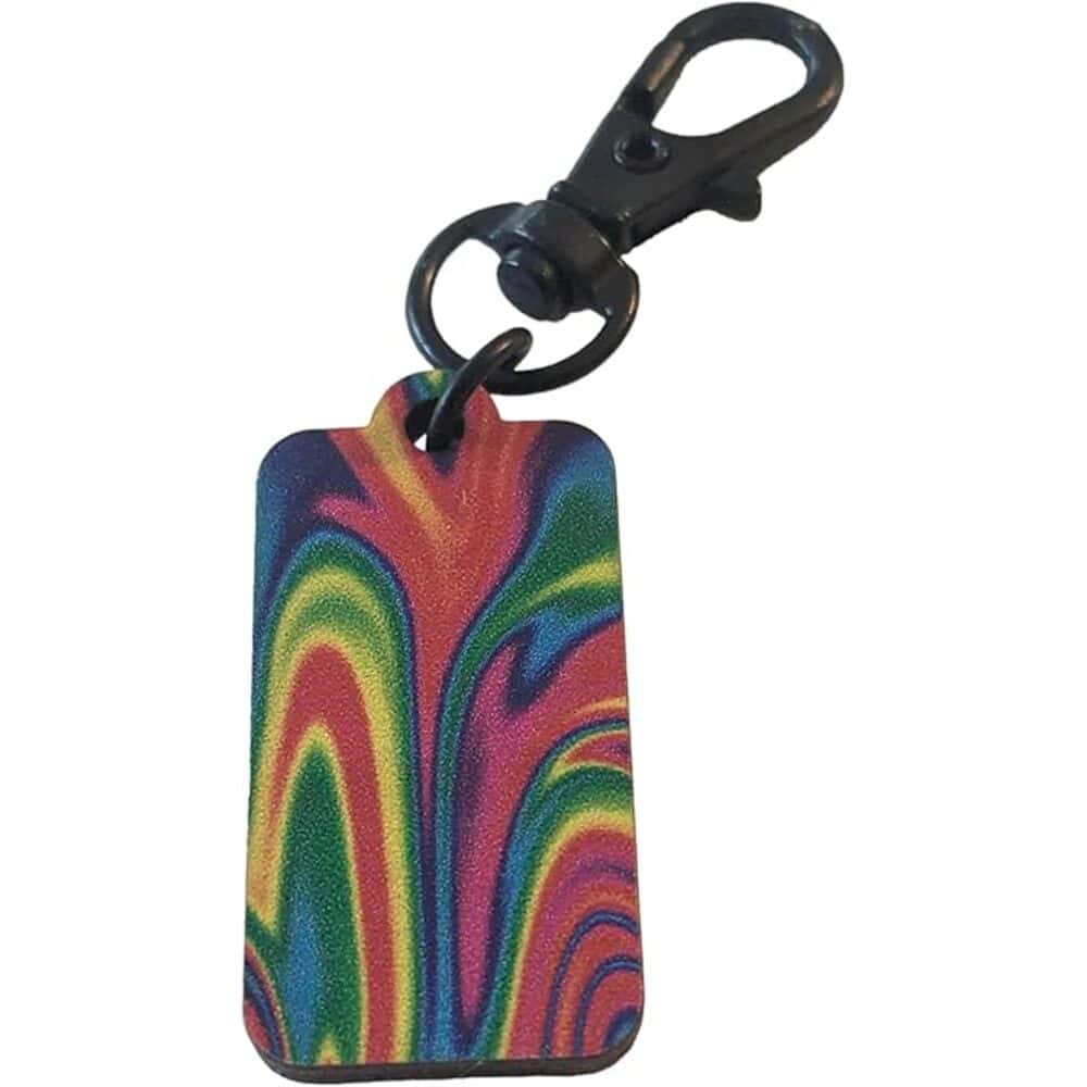Vibrant rainbow marbled dog keychain with black metal clip and swivel lobster clasp, perfect for pet lovers.