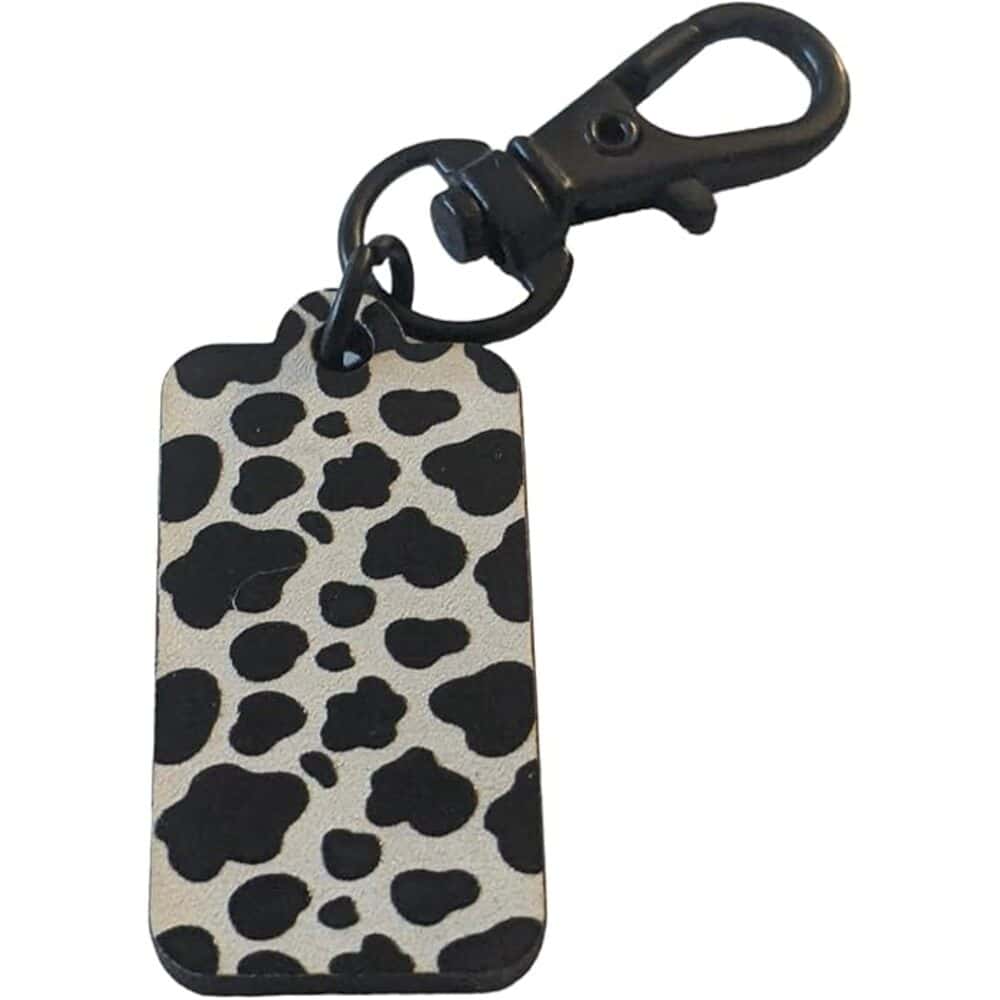 Leopard print pet keychain with black metal clasp for dog collar or leash.