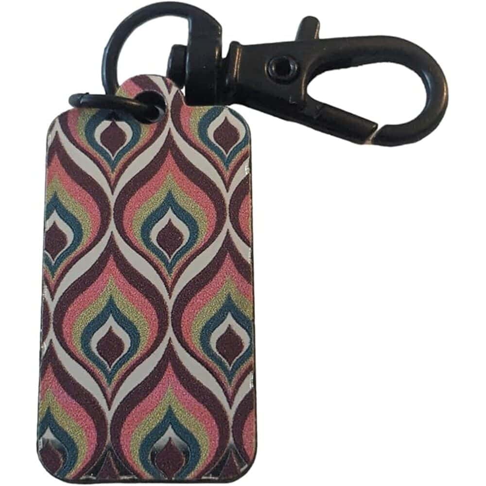 Colorful patterned luggage tag with attachment clip, ideal for travel accessories.
