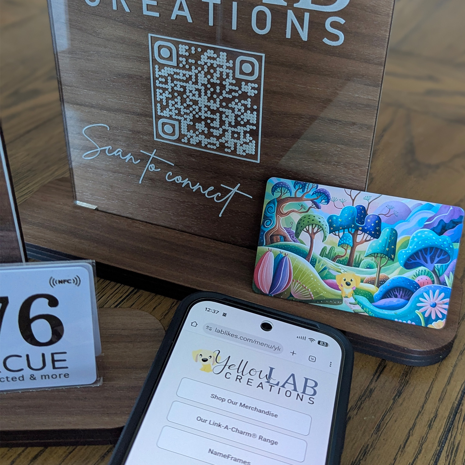 QR code display and merchandise card setup.