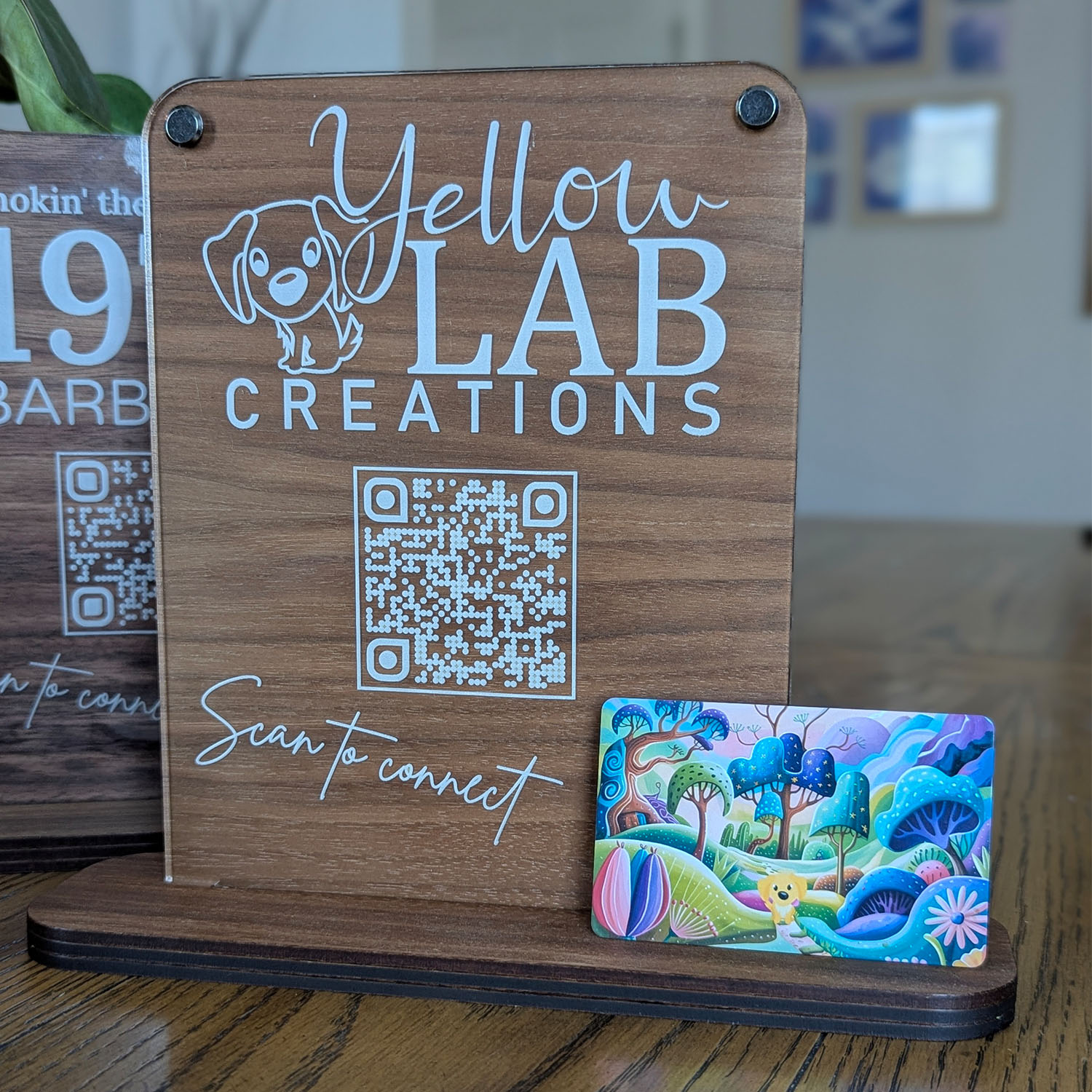Wooden sign displaying QR code for connection